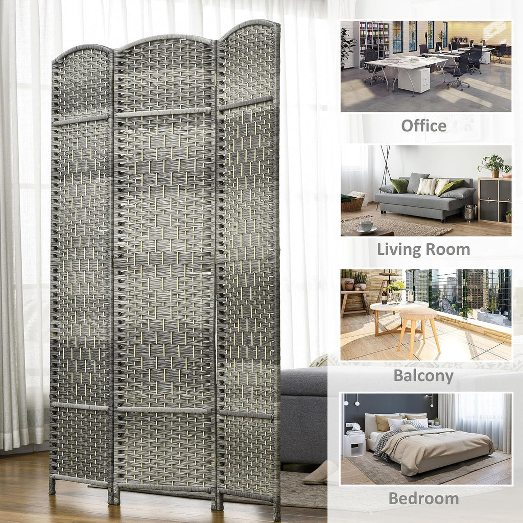HOMCOM 3 Panel Room Divider 6 Ft Privacy Screen Hand-Woven Mixed Gray