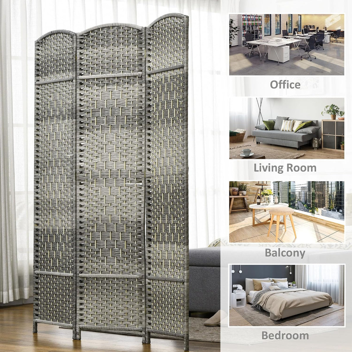 HOMCOM 3 Panel Room Divider 6 Ft Privacy Screen Hand-Woven Mixed Gray