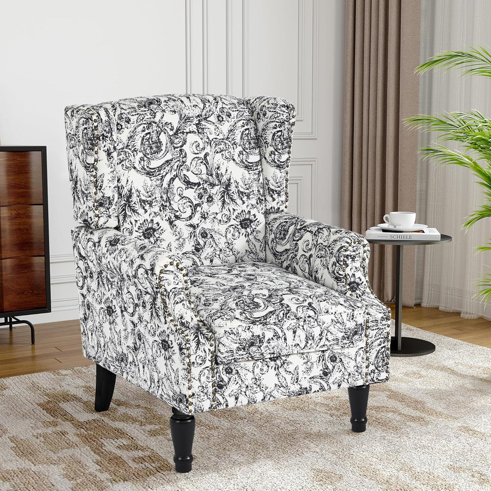 Floral Wingback Accent Chair, High Back Upholstered Armchair, Rococo Black