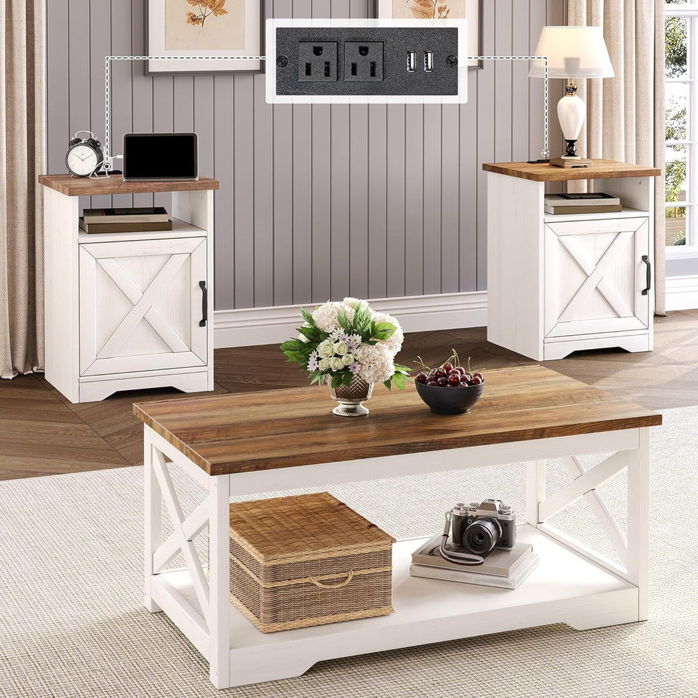 LUXOAK 3 Piece Living Room Table Set with Barn Door, Distressed White