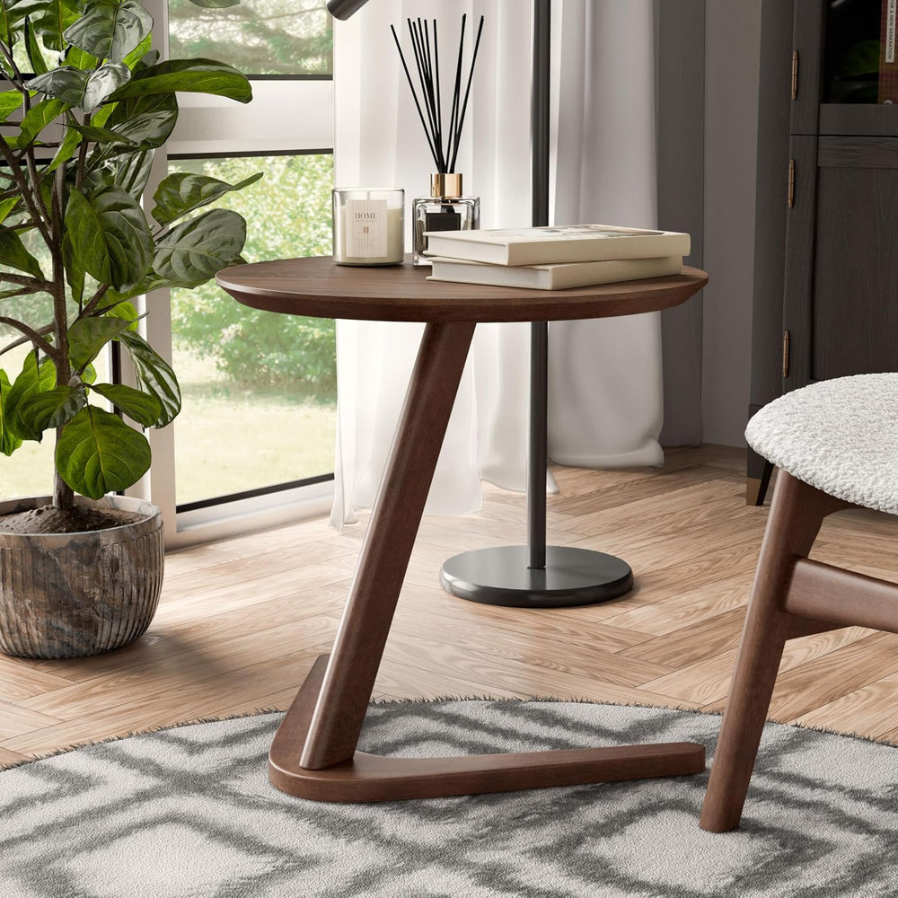 Furniture of America Lucian Mid-Century Modern Solid Wood Brown Round Side Ta...
