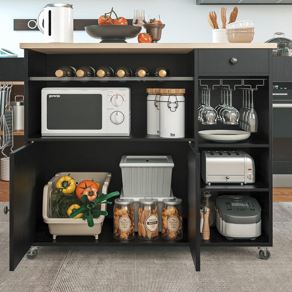 IRONCK Rolling Kitchen Island Cart with Drop-Leaf and Wine Rack, Black