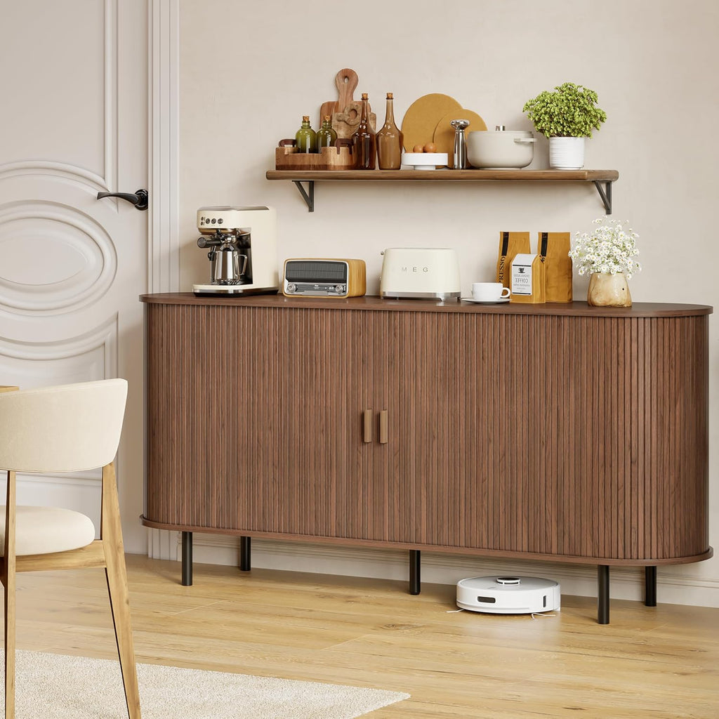 ComfyCorner 63" Fluted Buffet Sideboard Cabinet with Sliding Door, Walnut