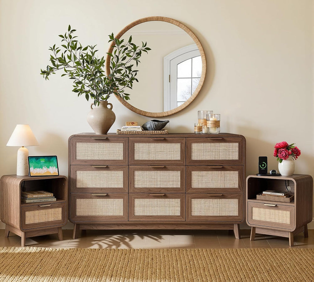 FORTUNETEC Dresser and Nightstand Sets, 3 Piece Bedroom Set, Walnut