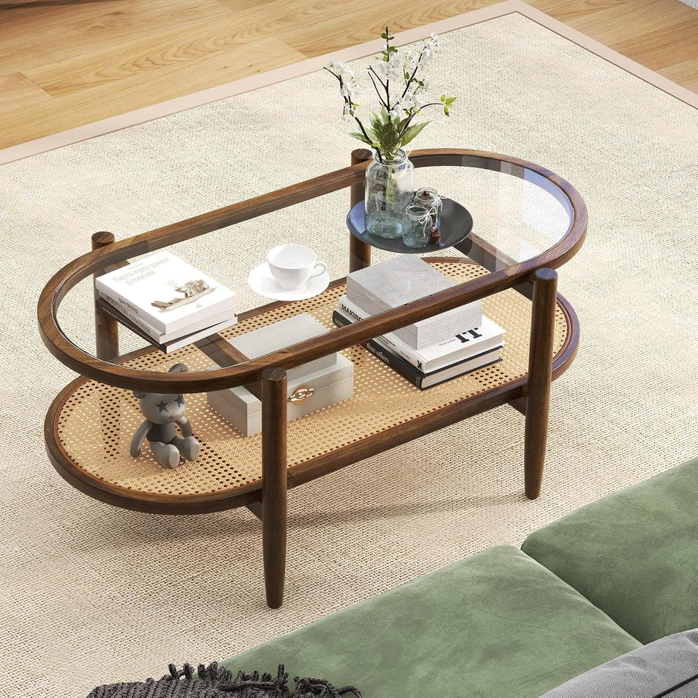 MAT EXPERT Rattan Coffee Table, 2 Tier Boho Oval Living Room Table w/Glass Ta...