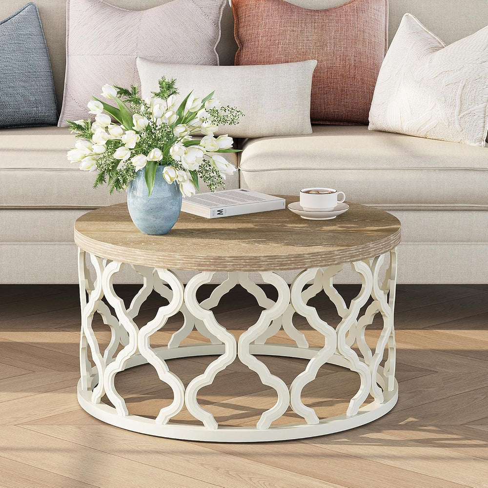 karlott Farmhouse Coffee Table, French Country Round Coffee Table, Beige