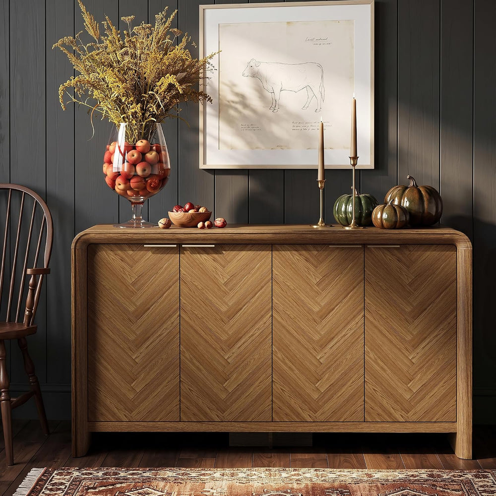 PAPROOS 55" Buffet Cabinet with Storage, Large Sideboard Cabinet, Walnut
