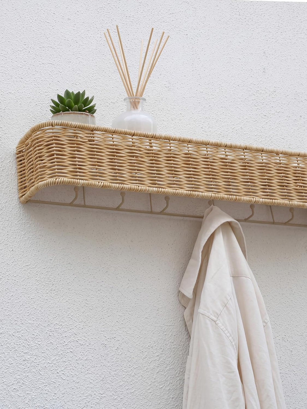 Wall Mount Coat Rack With Shelf-6 Hook Handmade Rattan Coat Rack,Natural