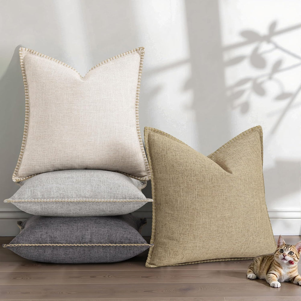 decorUhome Beige Faux Linen Outdoor Throw Pillow Covers 26x26 Set of 2