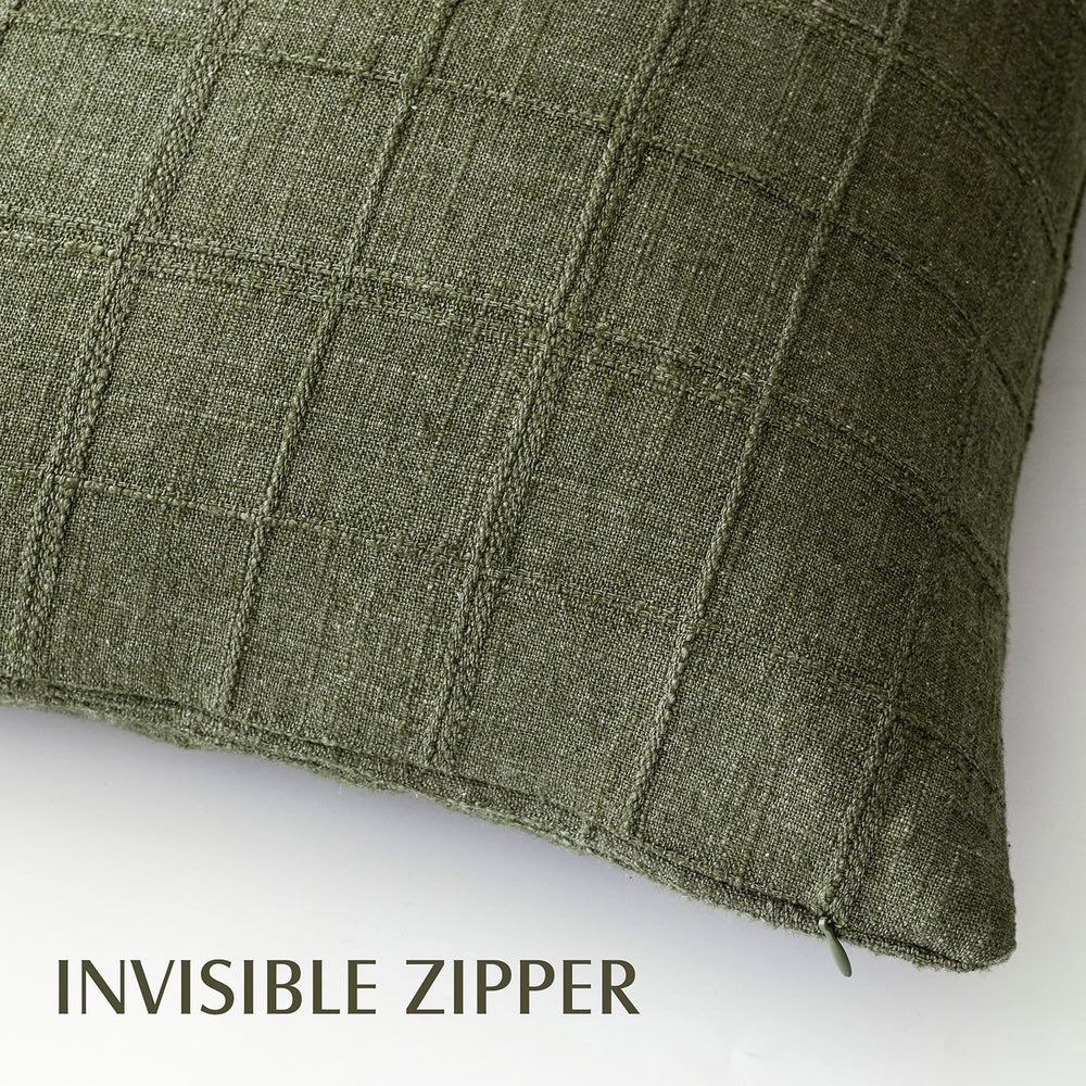 Foindtower Boho Linen Check Decorative Throw Pillow Cover 24×24 Olive Green
