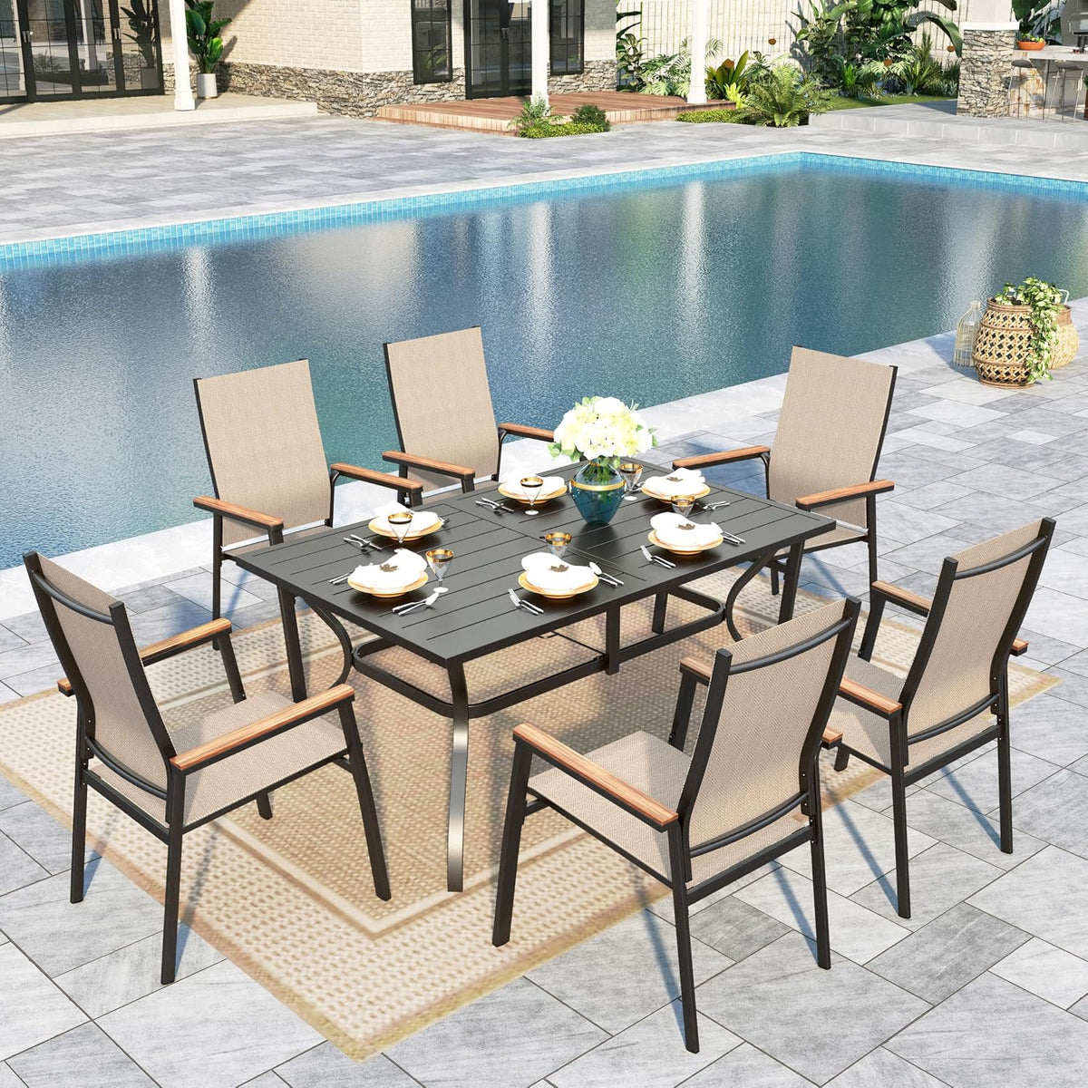Sophia & William Patio Dining Set w/Metal Table & 6 Beige Aluminum Chairs