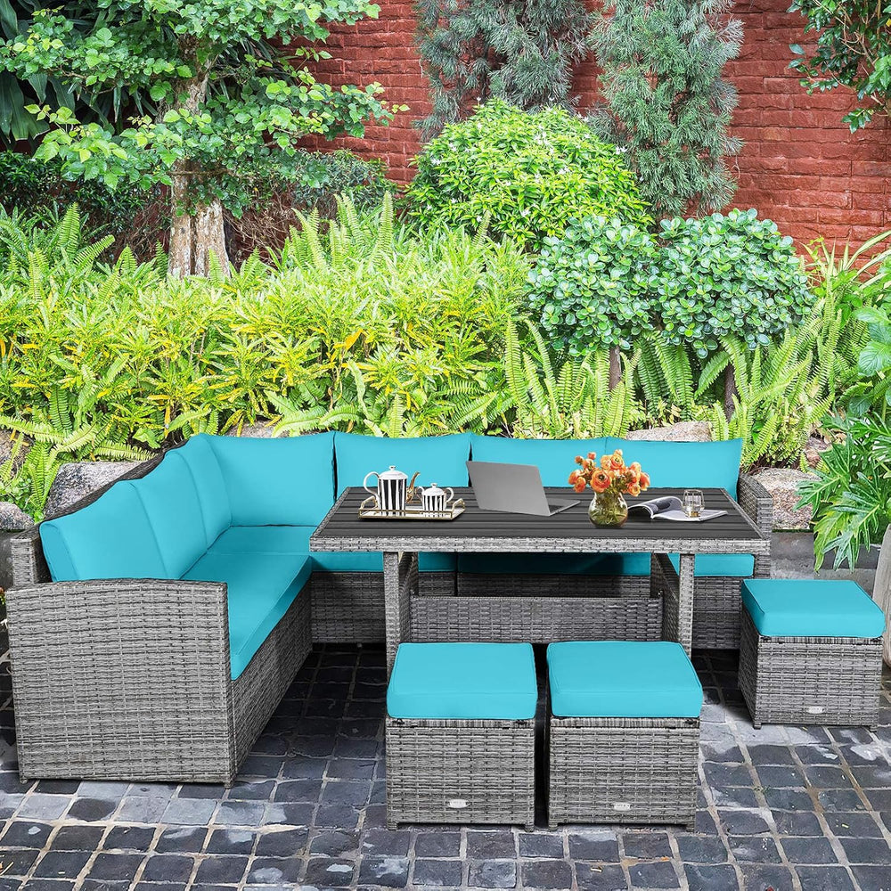 HAPPYGRILL 7 Pieces Rattan Wicker Patio Conversation Set (Turquoise)