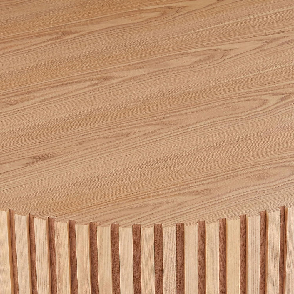 Round Coffee Table with Fluted Design, Wood Oak