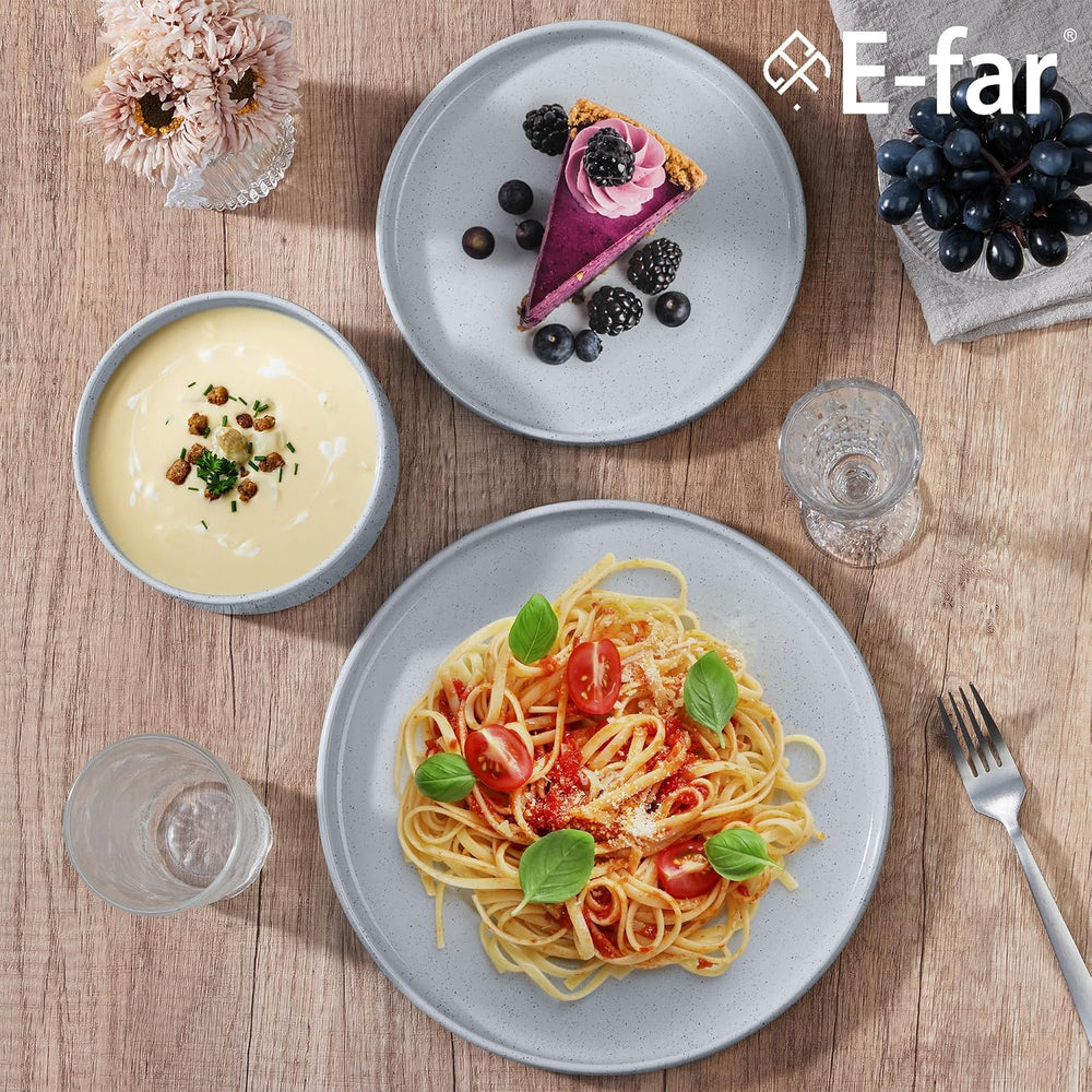 E-far Dinnerware Sets for 8, 24-Piece Stoneware Plates and Bowls Set, Gray
