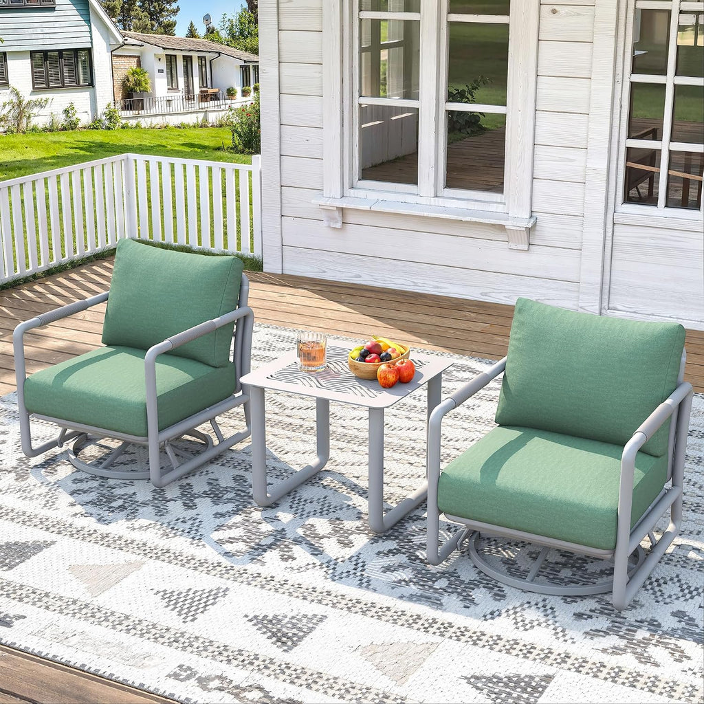 3 Piece Patio Outdoor Aluminum Swivel Rocking Chair with Coffee Table and 6.7" Thickened Cushions, All Weather Outdoor Furniture Chairs for Garden, Poolside, Deck-White