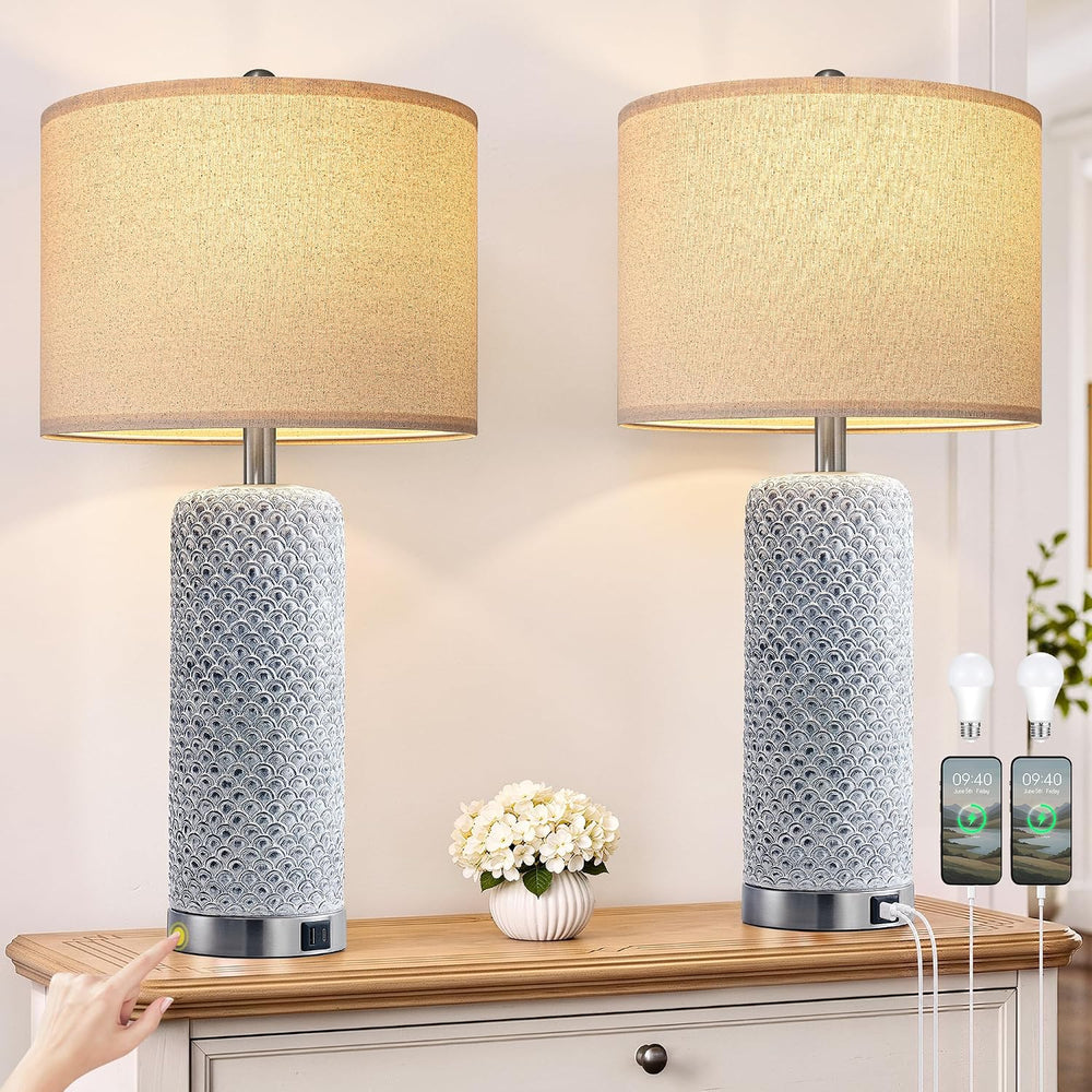 Farmhouse Table Lamps Set of 2 with USB A+C & 3-Way Touch Dimmable