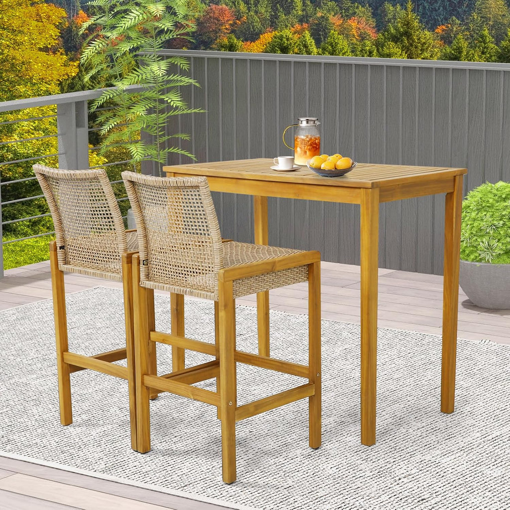 Tangkula Patio Wood Barstools Set of 2, PE Rattan Bar Height Chairs with Backrest, Stable Metal Frame, 400 lbs Max Load, Light Brown PE Wicker Bar Chairs for Porch, Backyard, Balcony (2)