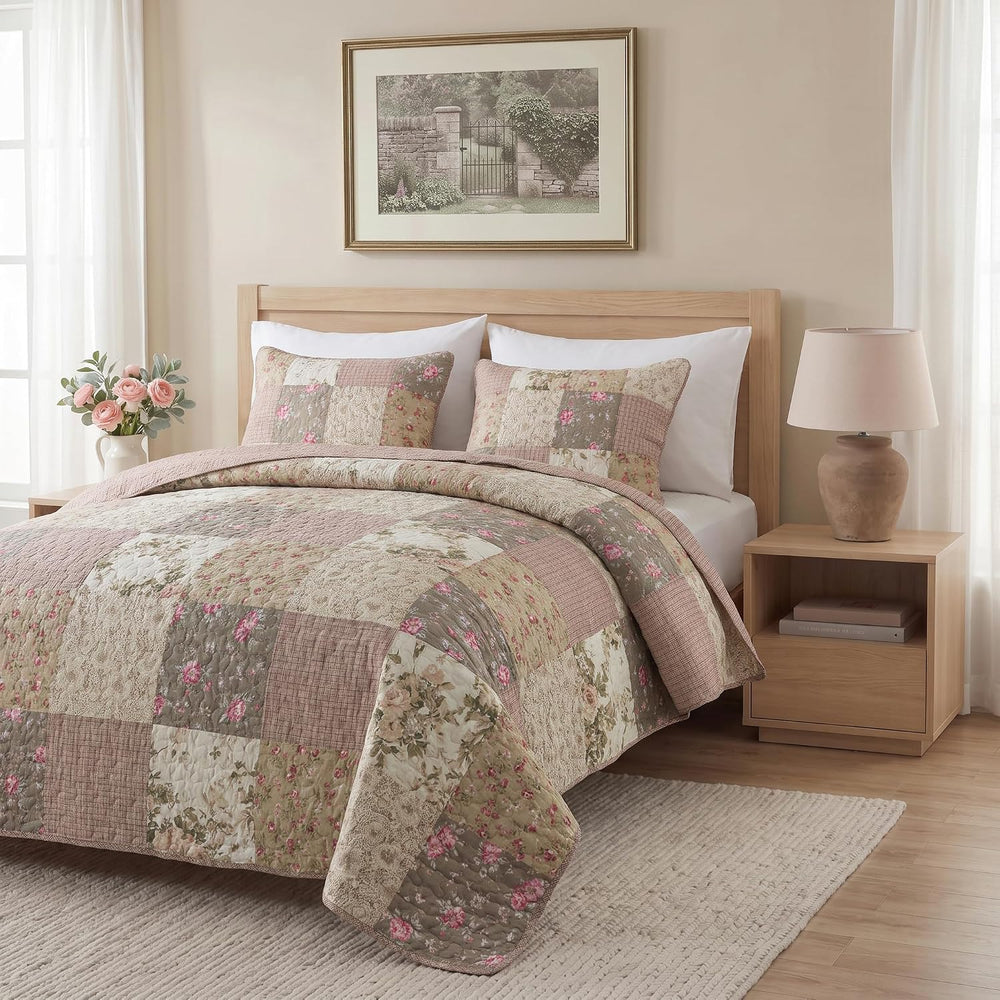 SLPR - Secret Garden Pink Patchwork Cotton Quilt Set, King with 2 Shams