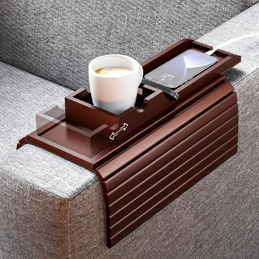 Bestjing Bamboo Couch Armrest Table with Detachable Cup Holder Tray(Walnut)