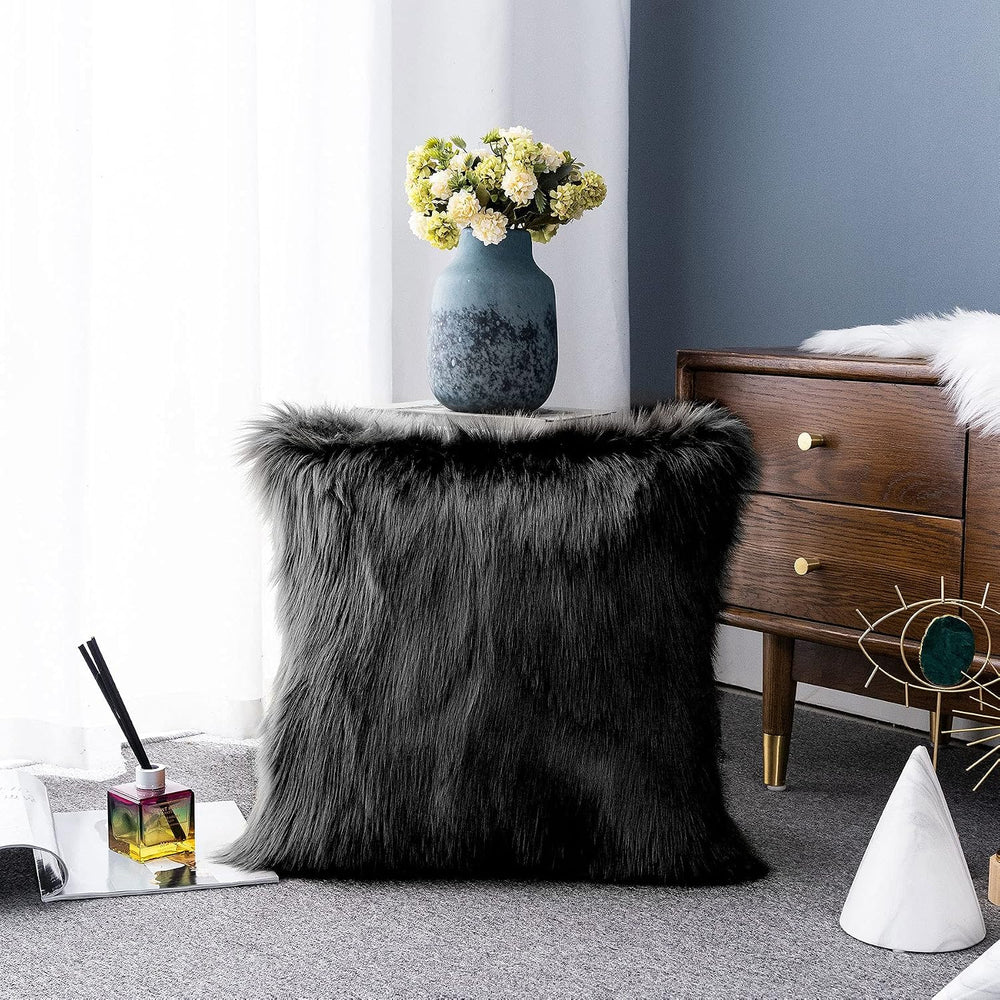 LIGICKY Set of 2 Black Fluffy Pillows Luxury Series Soft Faux Fur Throw Pillo...