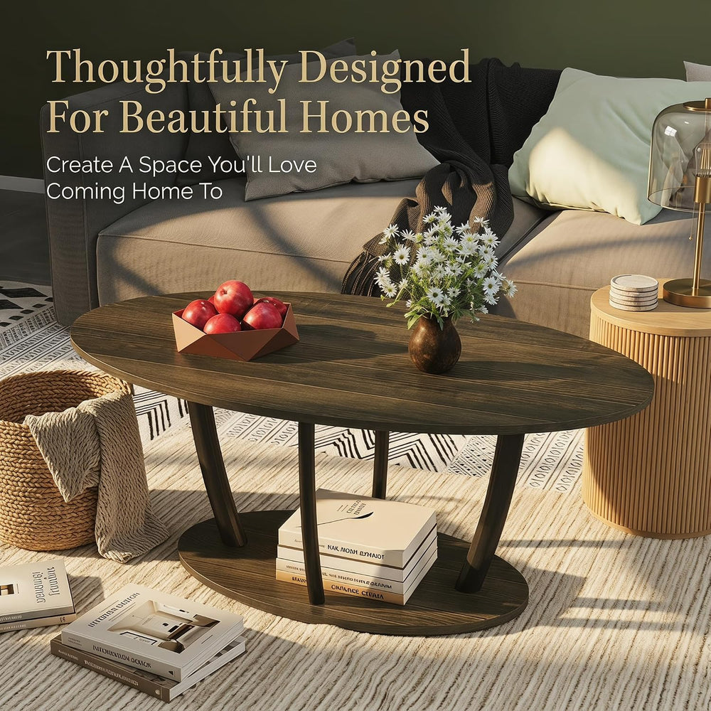 Manora Rustic Small Oval Coffee Table for Living Room, Narrow Wood Center Tab...