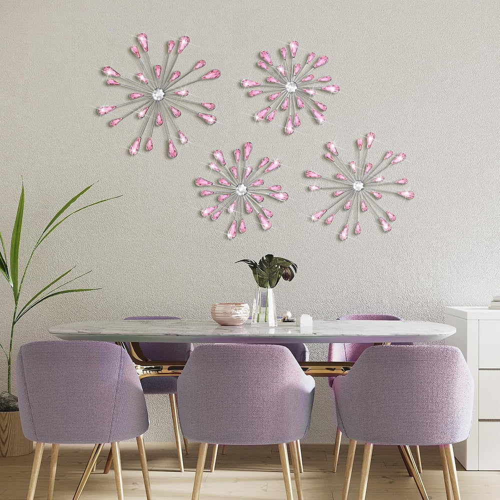Hicarer 4 Pcs Starburst Wall Decor, Bling Metal Wall Art, Pink