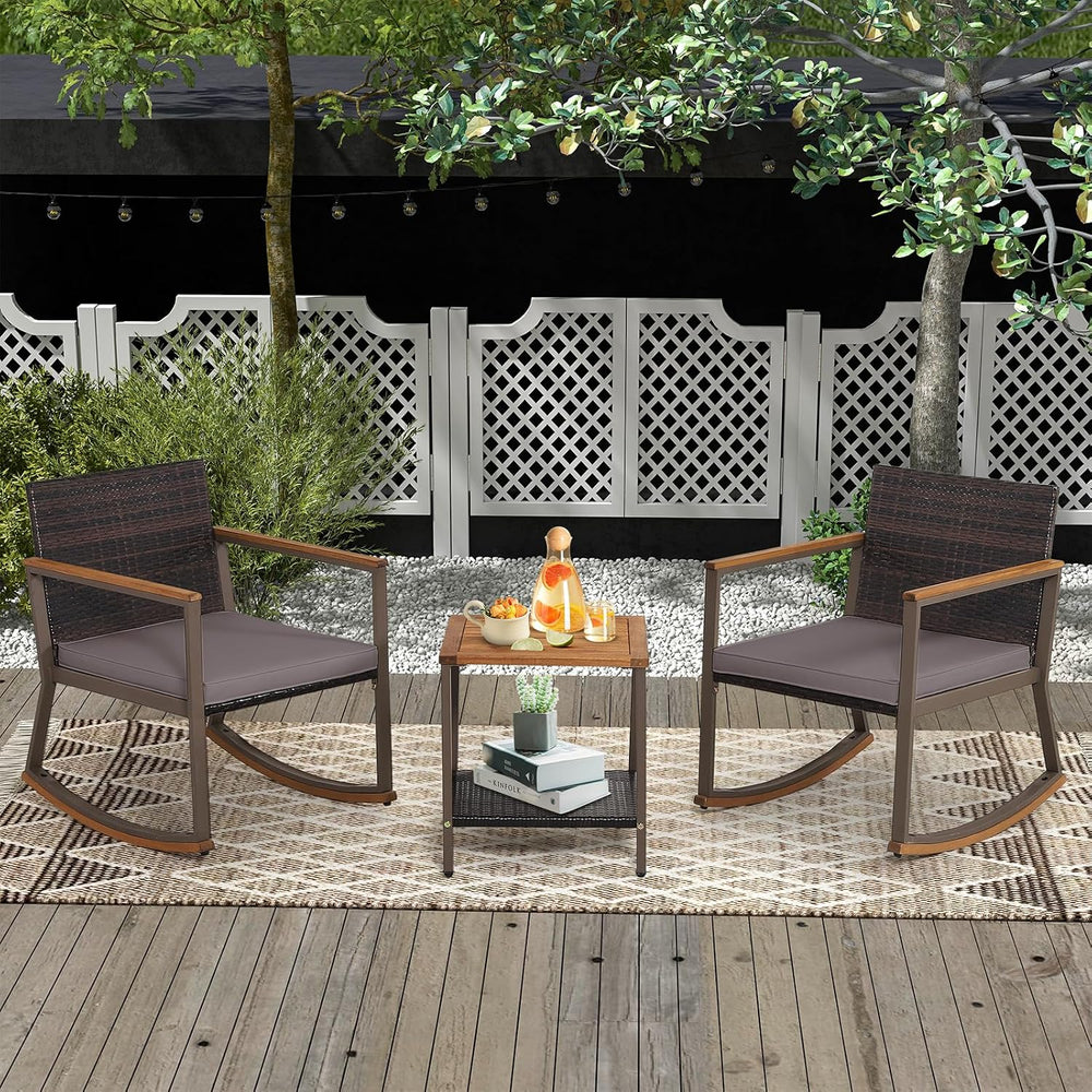 COSTWAY 3 Pieces Patio Rocking Bistro Set, Outdoor Wicker Acacia Wood Sets