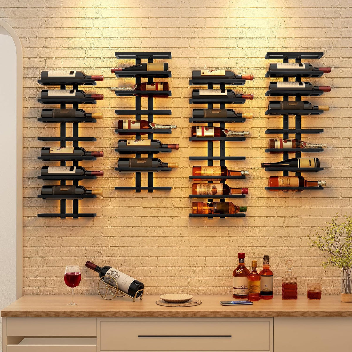 Hoctieon 2-Set 8 Tier Wall Mount Wine Rack (16 Tiers), Wall Racks for Wine Bottles Display and Storage, Hanging Bottle Organizer for Living Room, Kitchen, Wine Cellar, Bar, Black