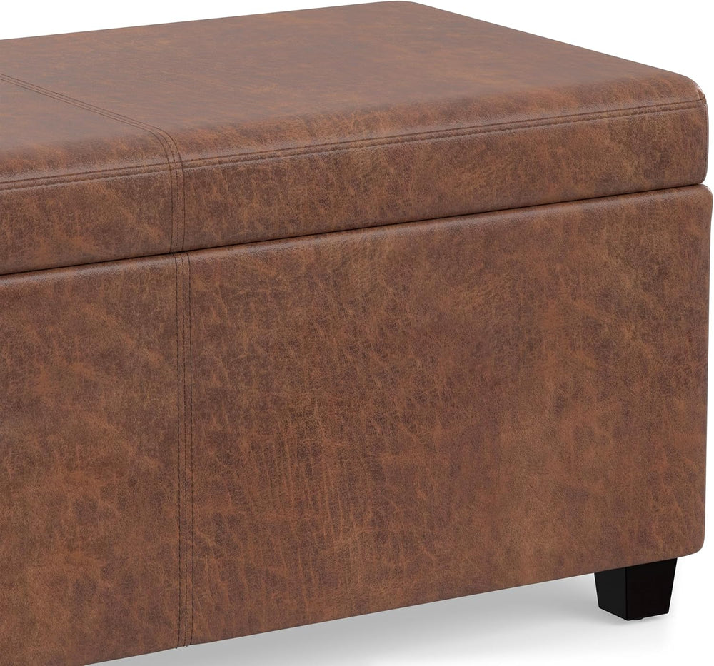 SIMPLIHOME Avalon 48" Wide Vegan Leather Storage Ottoman in Saddle Brown