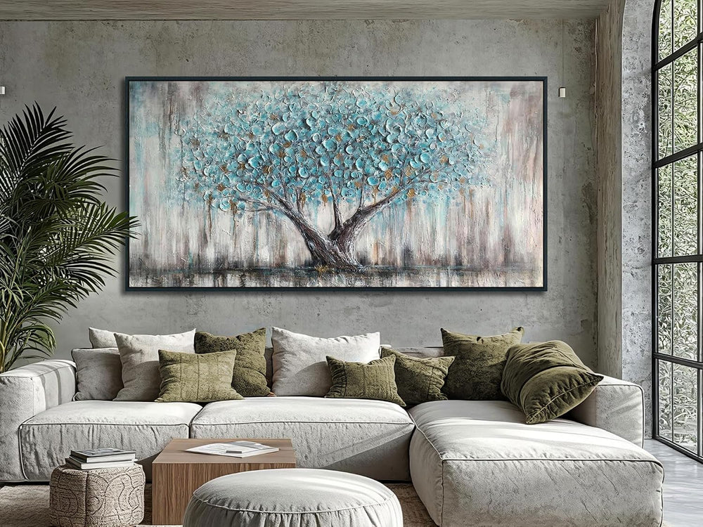Arjun Framed Blue Tree Canvas Wall Art Extra Large Tree of Life Teal 58x29