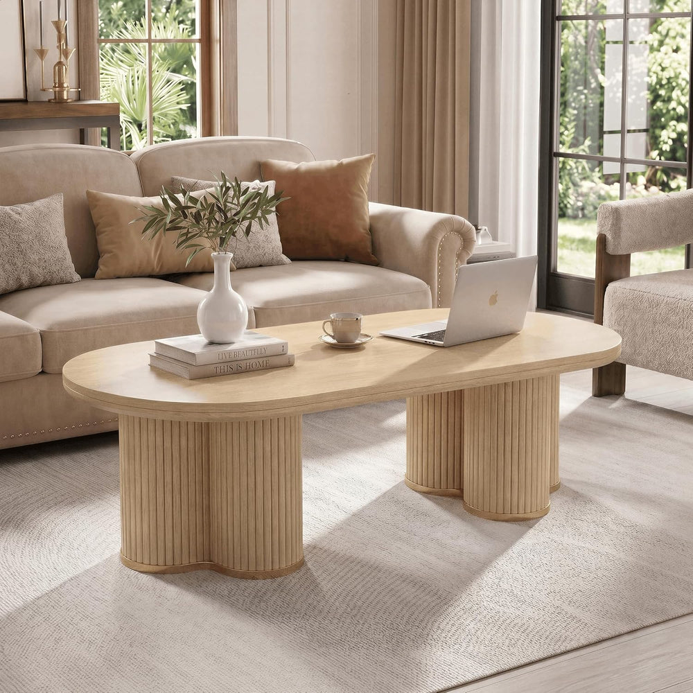 YOSHOOT Oval Fluted Coffee Tables for Living Room, 47" Wood Coffee Table...