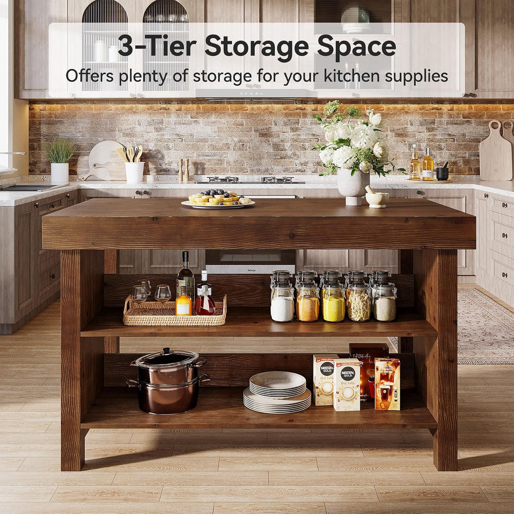 Solid Wood Kitchen Island, 3-Tier 55 Inch Stationary Island Table