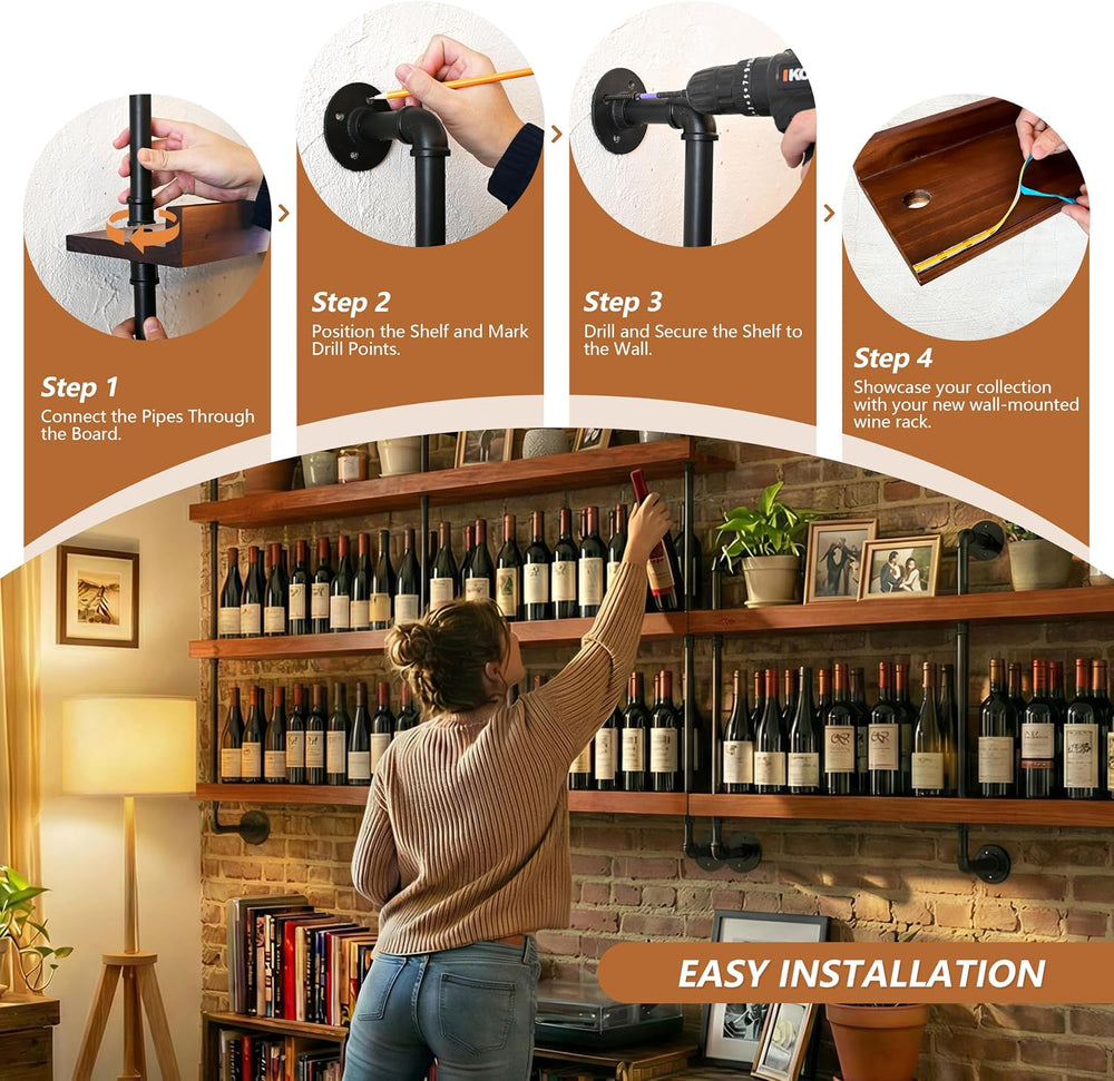 Bar Shelves, Wall Mounted Wine Rack, Walnut Brown, 72 Inch