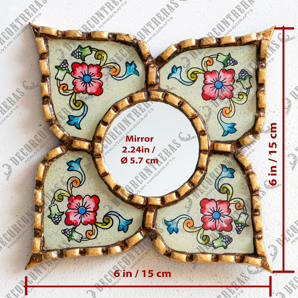 Small Decorative Mirror 6"x6", Peruvian Hand-Painted Glass