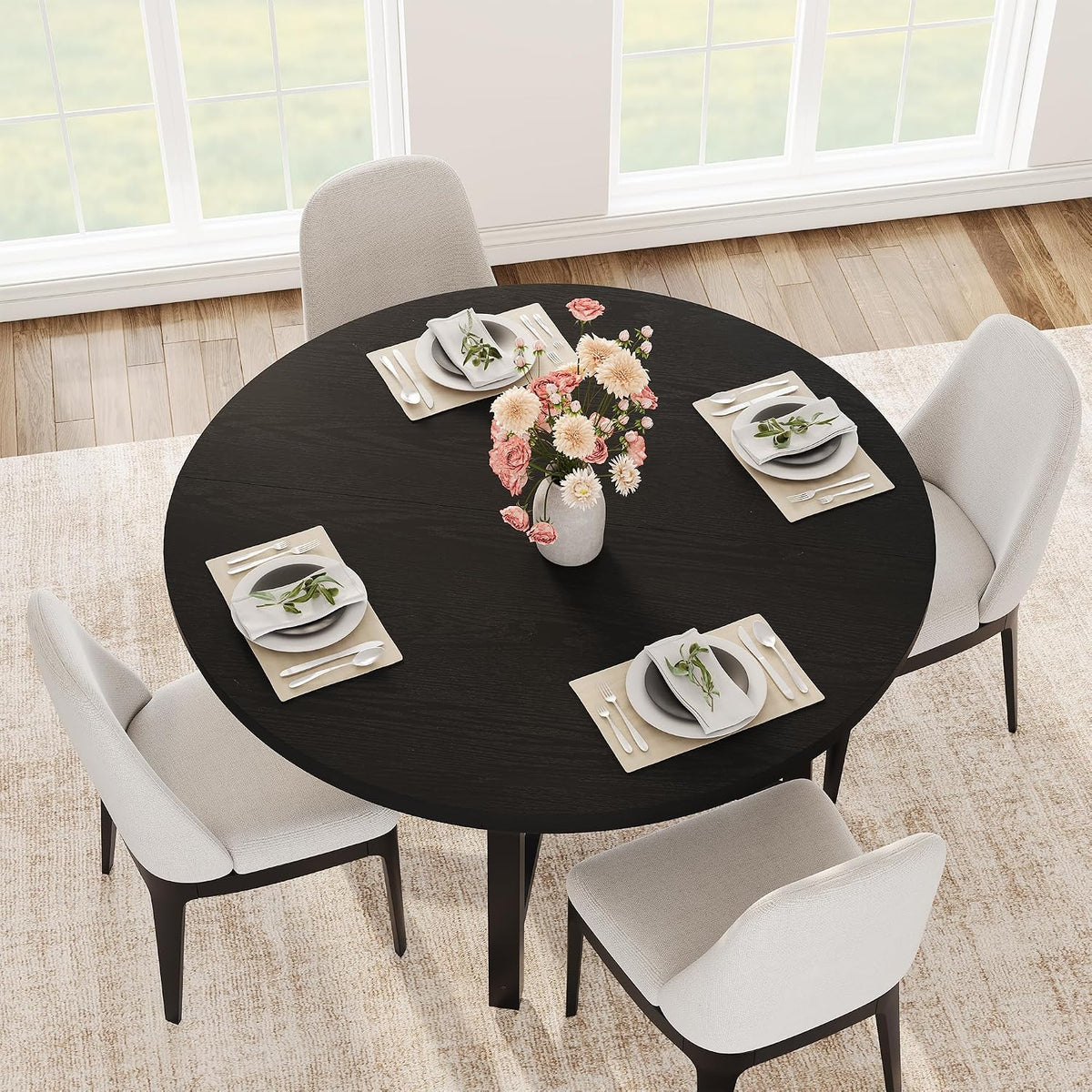 IDEALHOUSE 47" Round Dining Table for 4, Kitchen Dining Room Table with Sturdy Metal Frame, Wood Circle Kitchen Table for Space Saving -Black (No Chairs)
