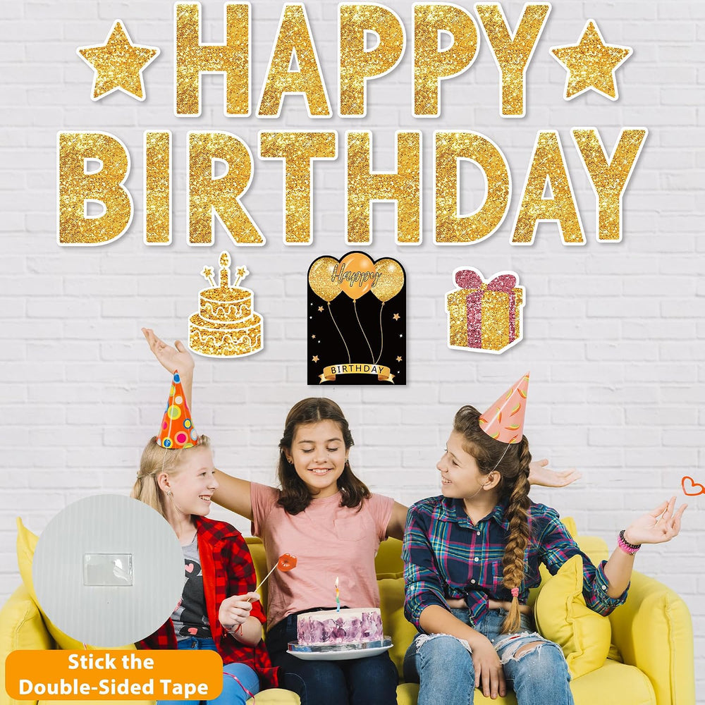 18 Pcs Happy Birthday Yard Sign with Stakes, Gold Happy Birthday Yard Sign wi...