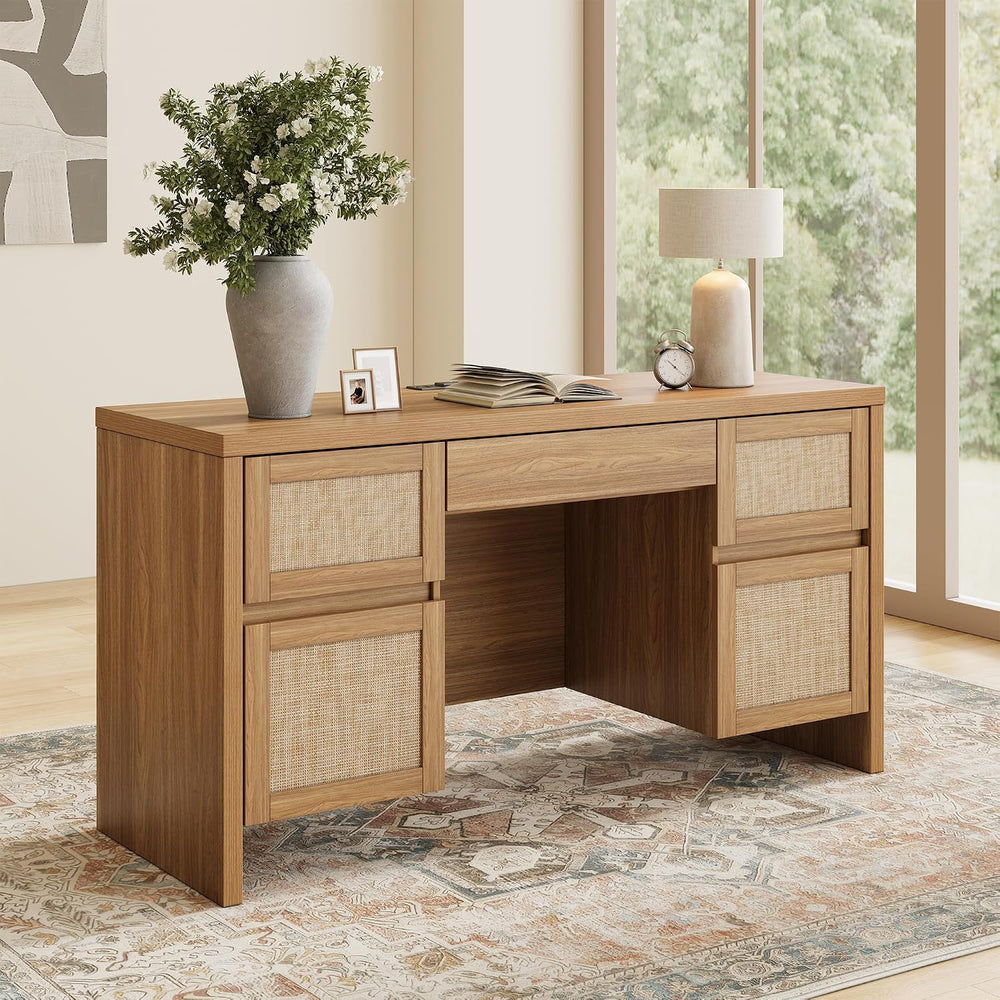 Yechen Executive Desk with 5 Drawers, 57" Modern Rattan Home Office Desk...