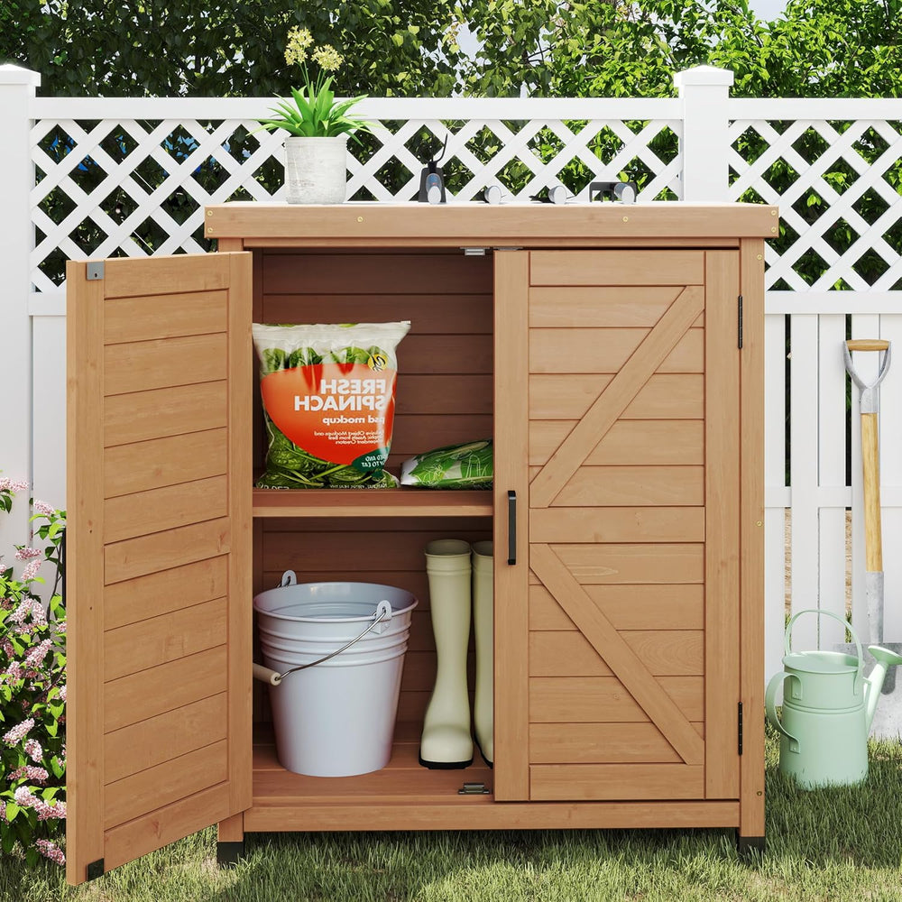 Outdoor Storage Cabinet & Potting Bench Table with Metal Top, Wooden Pati...