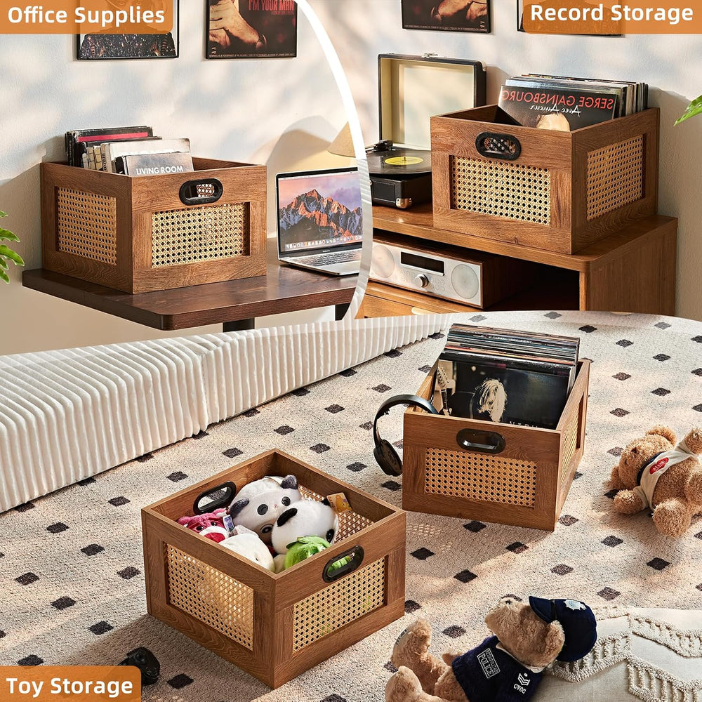 LELELINKY 2 Pack Vinyl Record Storage Crates, Rattan Vinyl Record Holder