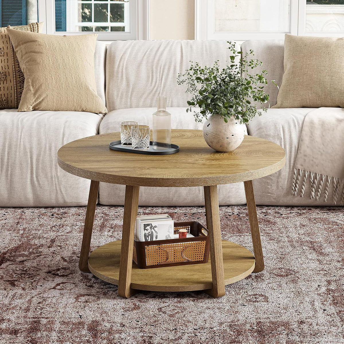 LITTLE TREE Round Coffee Table, 2-Tier Center Table with Storage | Wooden Legs, 31.5 Dia. x 19.6 H Inches, Easy Assembly, Circle Coffee Tables for Living Room, Bedroom