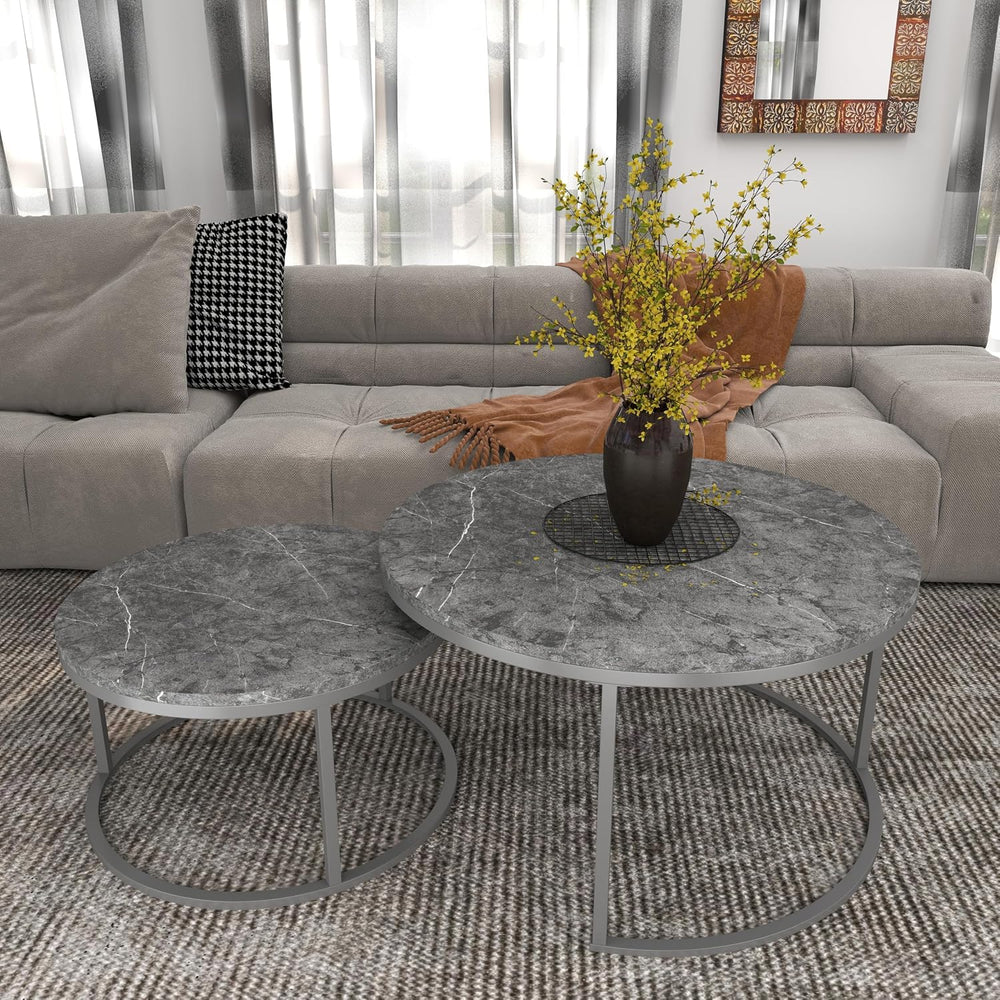 Nesting Coffee Table Set of 2, 31.5" Round Coffee Table Wooden Marble Pa...