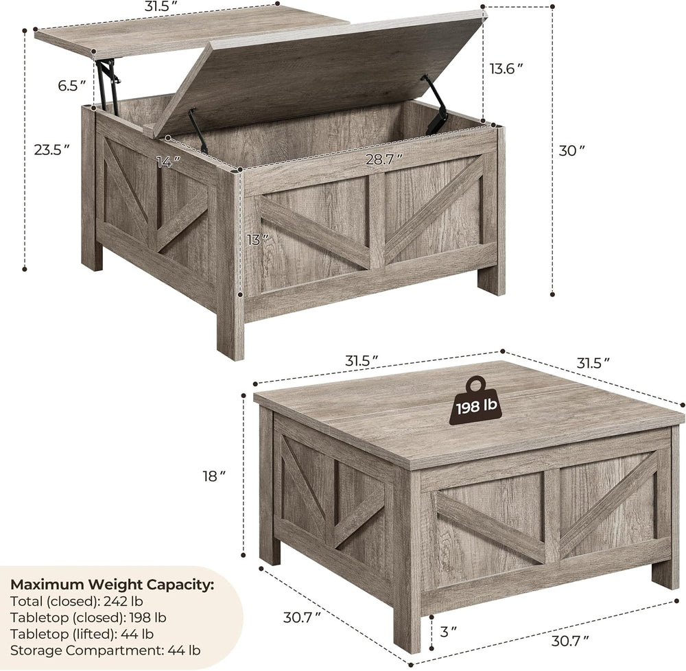 Yaheetech 31.5" Farmhouse Lift Top Coffee Table with Hidden Storage, Gray