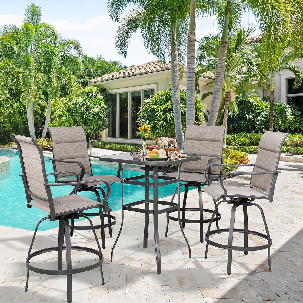 Vongrasig 5 Piece Patio Swivel Bar Set, All Weather Metal Textilene High Stoo...