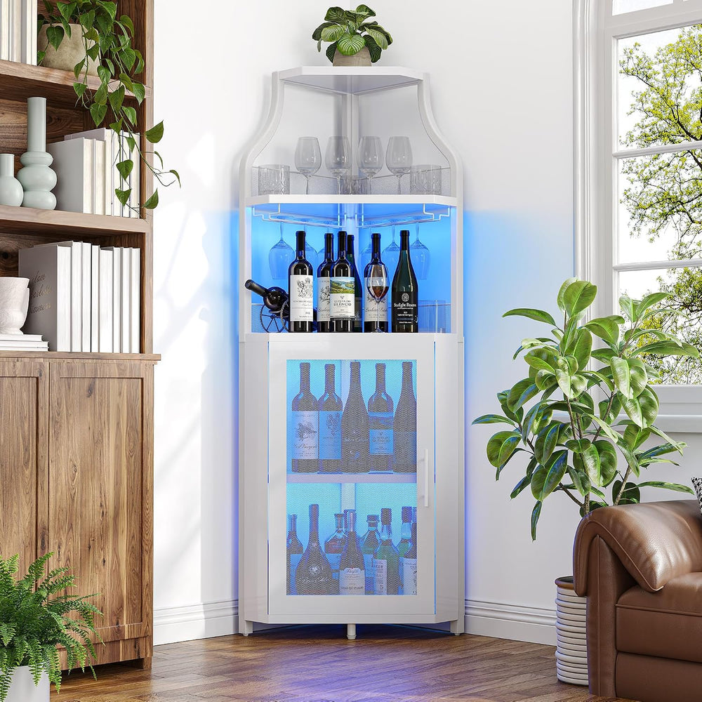 Garvee Corner Bar Cabinet with LED Light Modern Wine Cabinet with Wine Rack &...