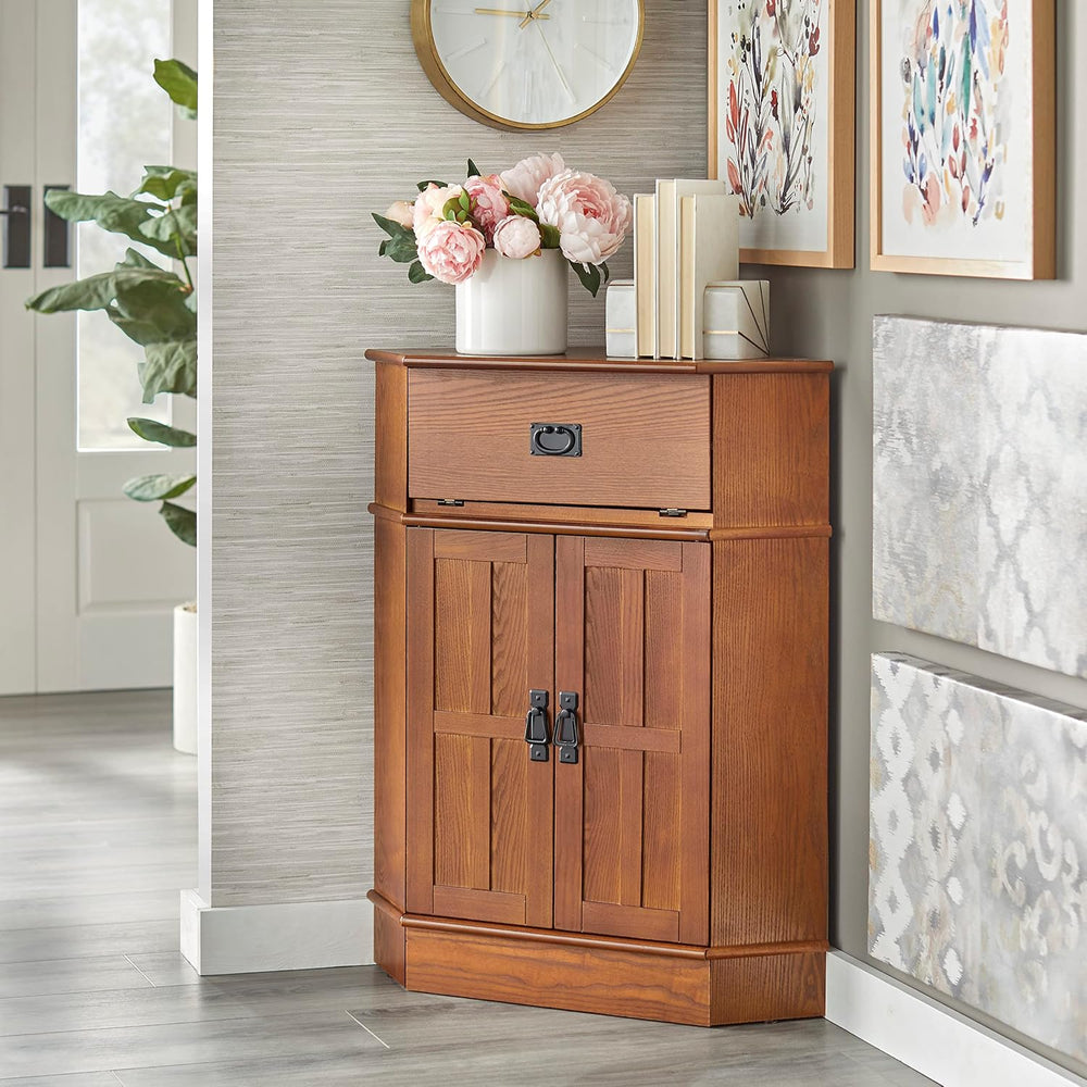 Mission Corner Cabinet with Drawer, Double Doors & Elegant Black Metal Ha...