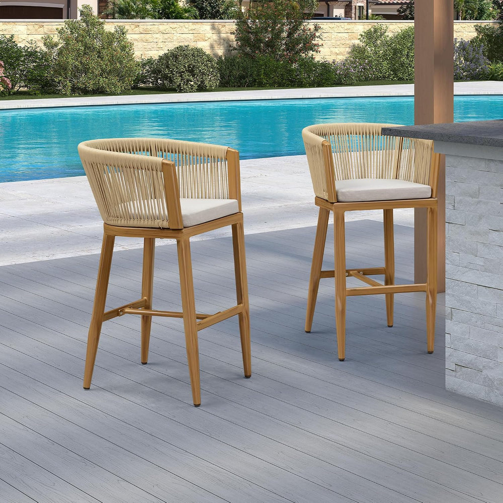PURPLE LEAF 4 PCS Outdoor Height Bar Stools Rattan with Cushion, Teak