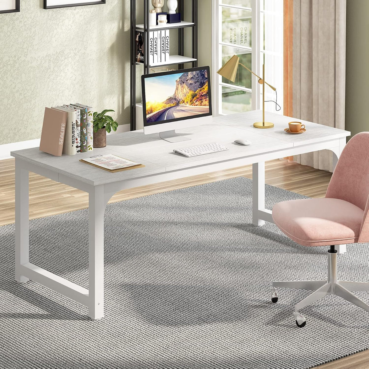 Tribesigns Modern Computer Desk, 70.8 x 31.5 inch Large Office Desk Computer Table Study Writing Desk Workstation for Home Office, White Metal Frame
