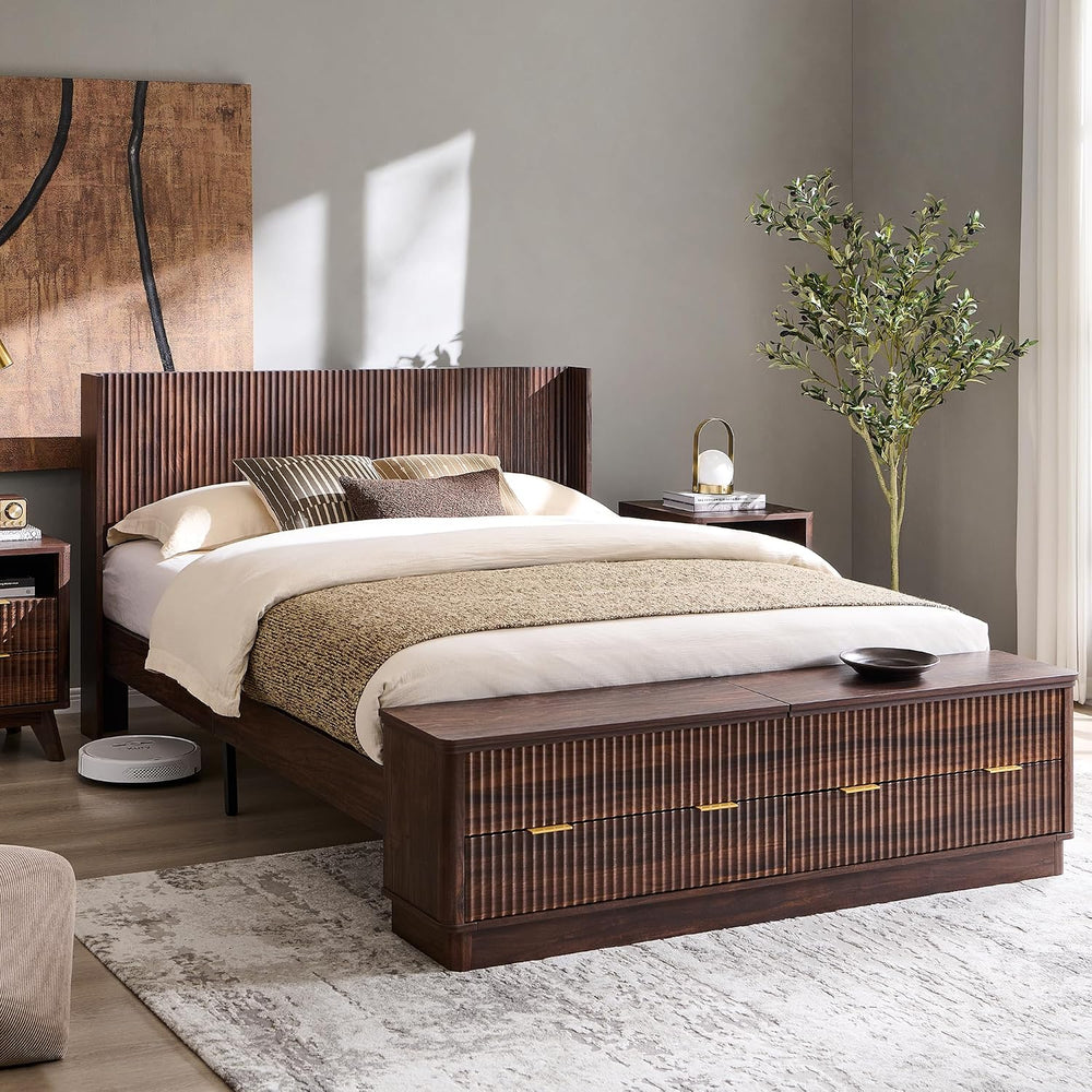 T4TREAM Fluted Queen Bed with Headboard and Storage Bench, Dark Walnut