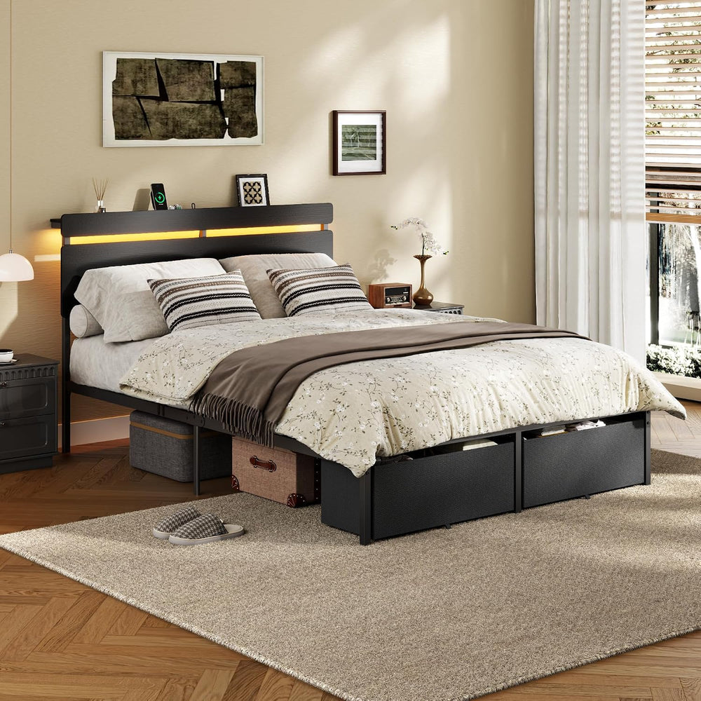 Forestell Full Size Bed Frame with Wood Headboard,2 Storage Drawers & Shelf