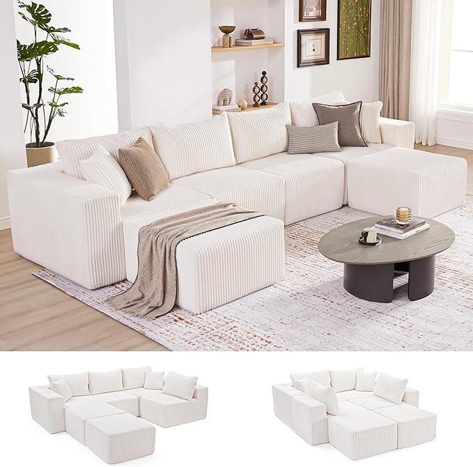135.4" Cloud Couch Sectional, Modular Sectional Sofa with Deep Seat, Plush Corduroy U Shaped Couch, Convertible Sectional Couches for Living Room, 6Seat, Beige